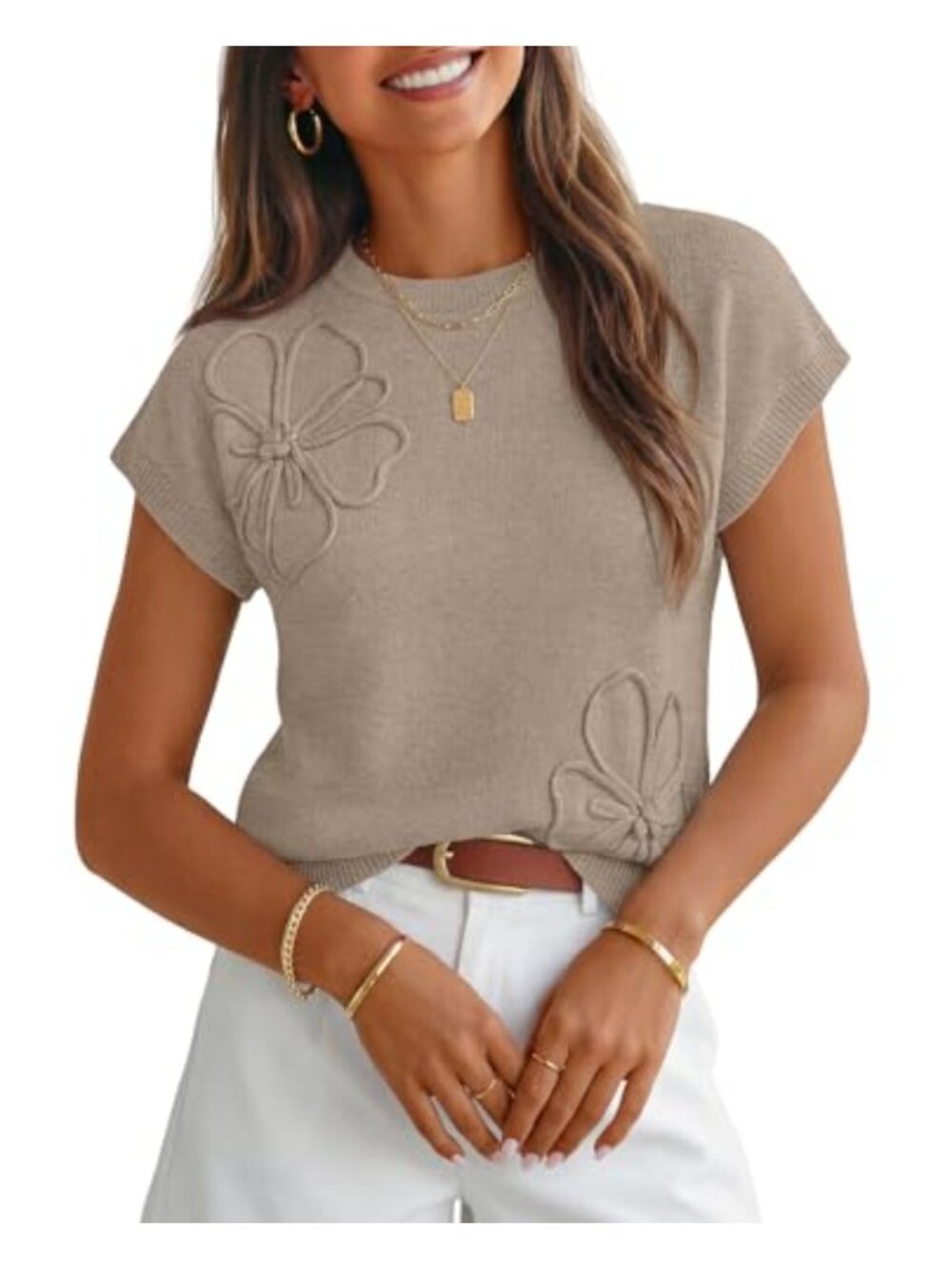 Cap Sleeve Floral Knit Pullover Sweater Work Top